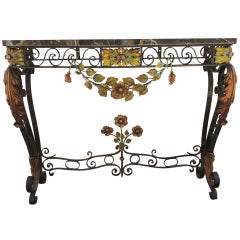 20th C French Iron, Tole, and Marble Console