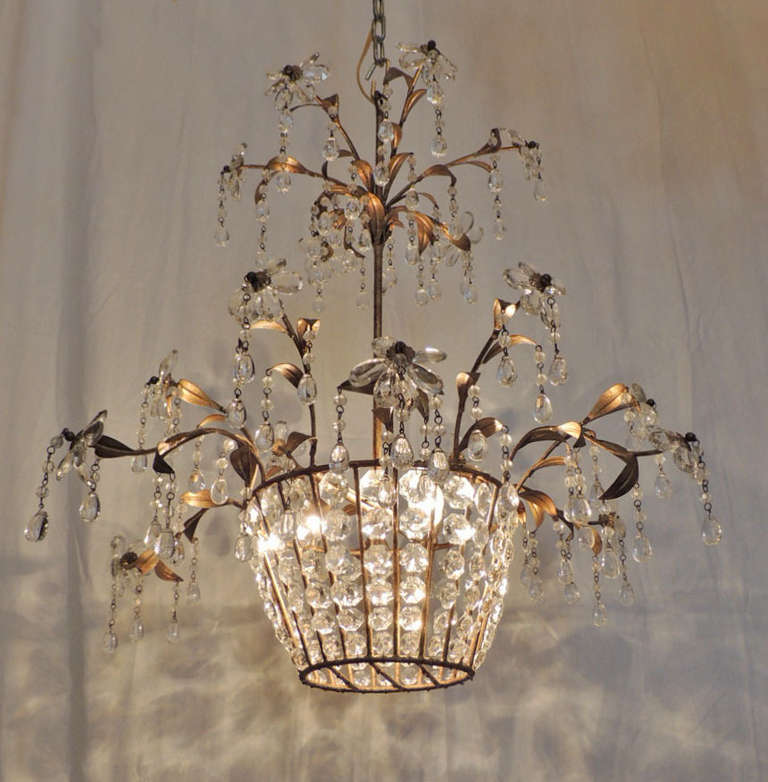 Organic Modern Mid 20th C French Iron and Crystal Chandelier, attributed to Maison Bagues