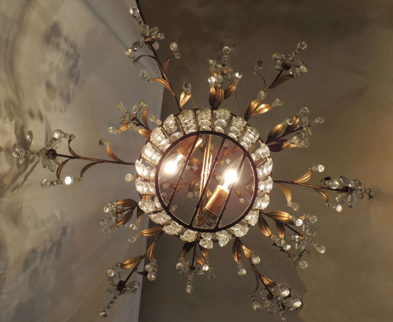 20th Century Mid 20th C French Iron and Crystal Chandelier, attributed to Maison Bagues
