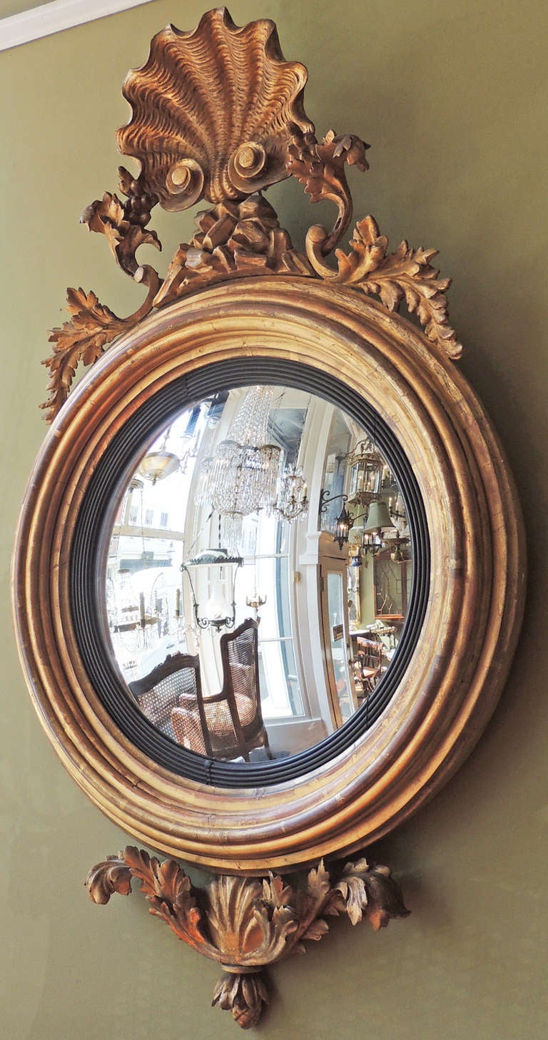 Giltwood English 1820s Shell Motif Convex Mirror