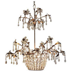 Vintage Mid 20th C French Iron and Crystal Chandelier, attributed to Maison Bagues