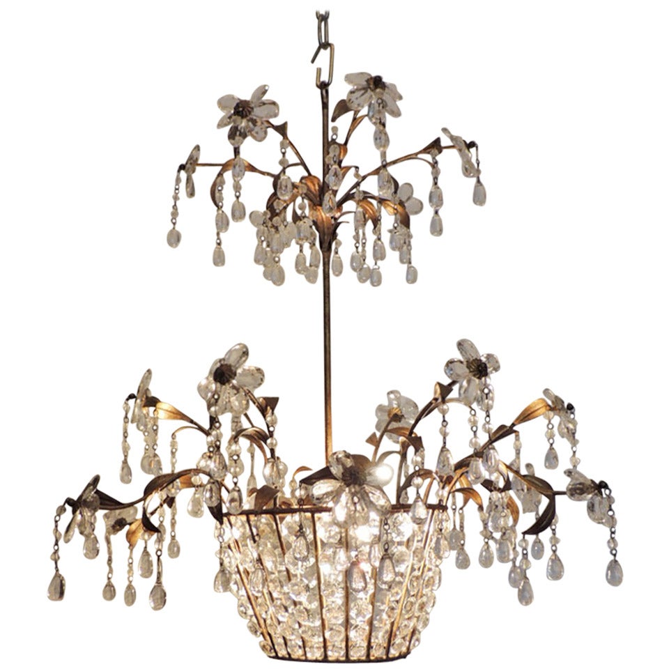 Mid 20th C French Iron and Crystal Chandelier, attributed to Maison Bagues