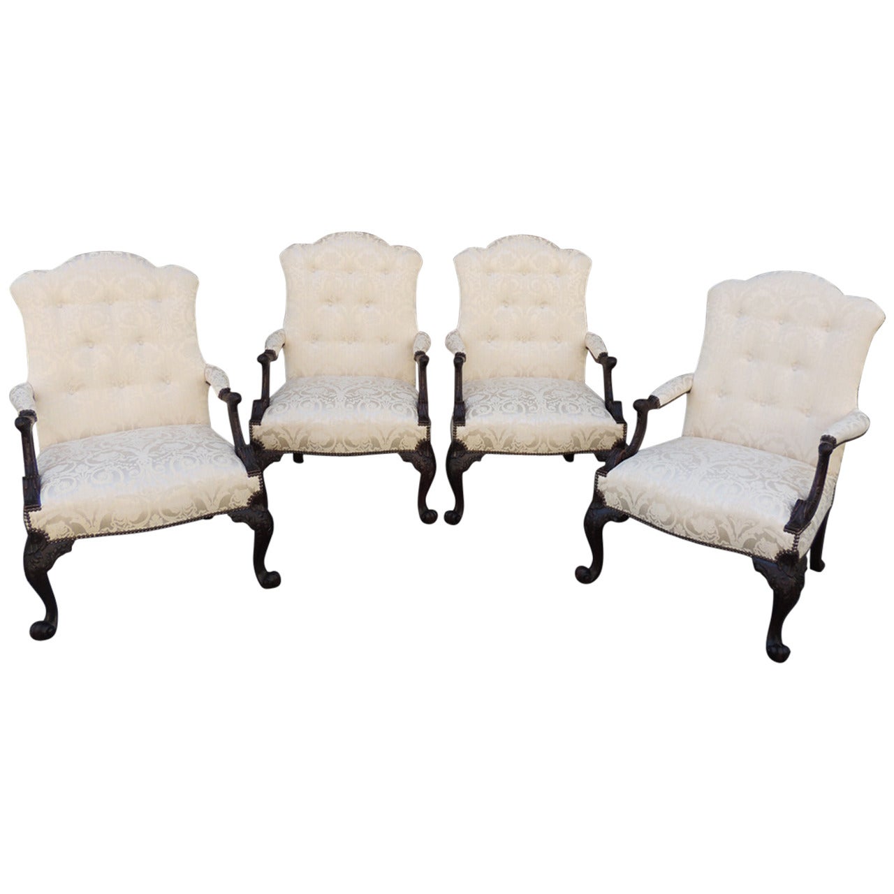 Set of Four Late 19th Century English Mahogany Library Chairs with White Silk