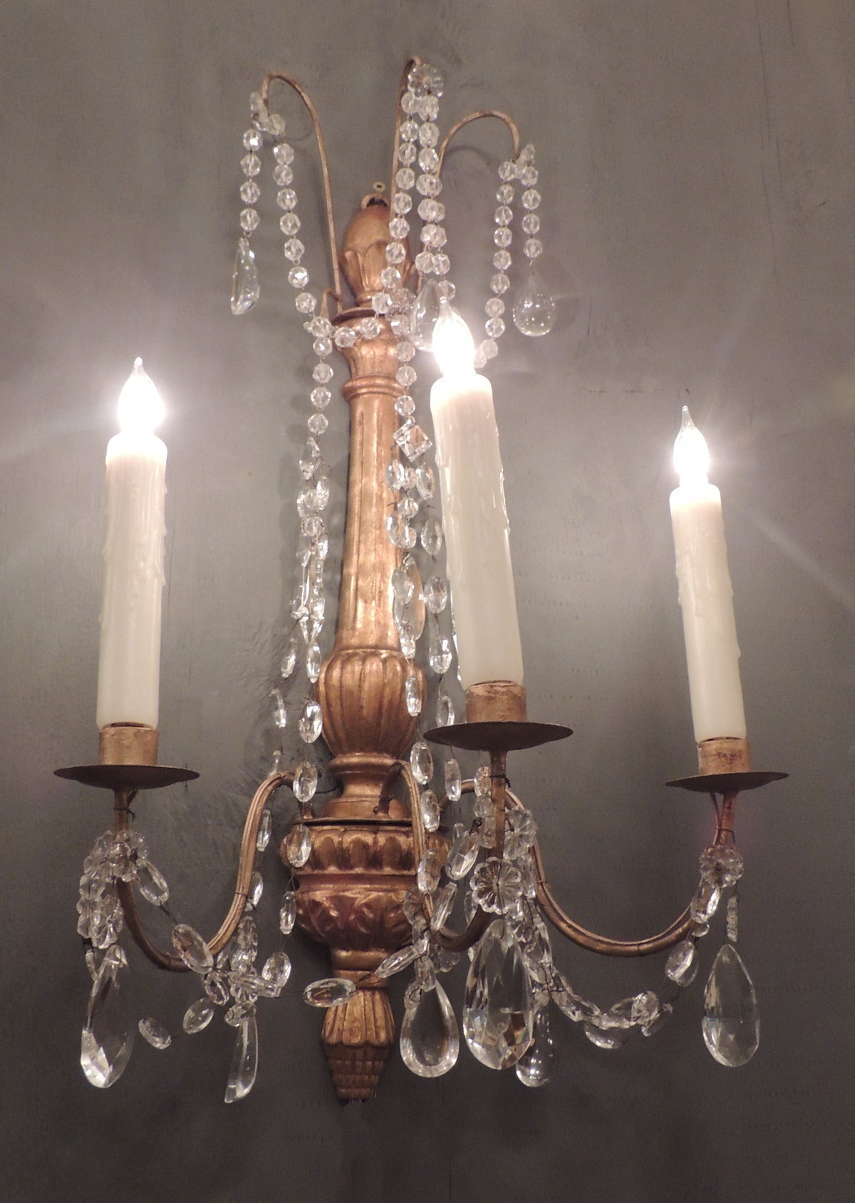 Italian Pair of Early 19th C Genoese Crystal and Wood Gilt Sconces
