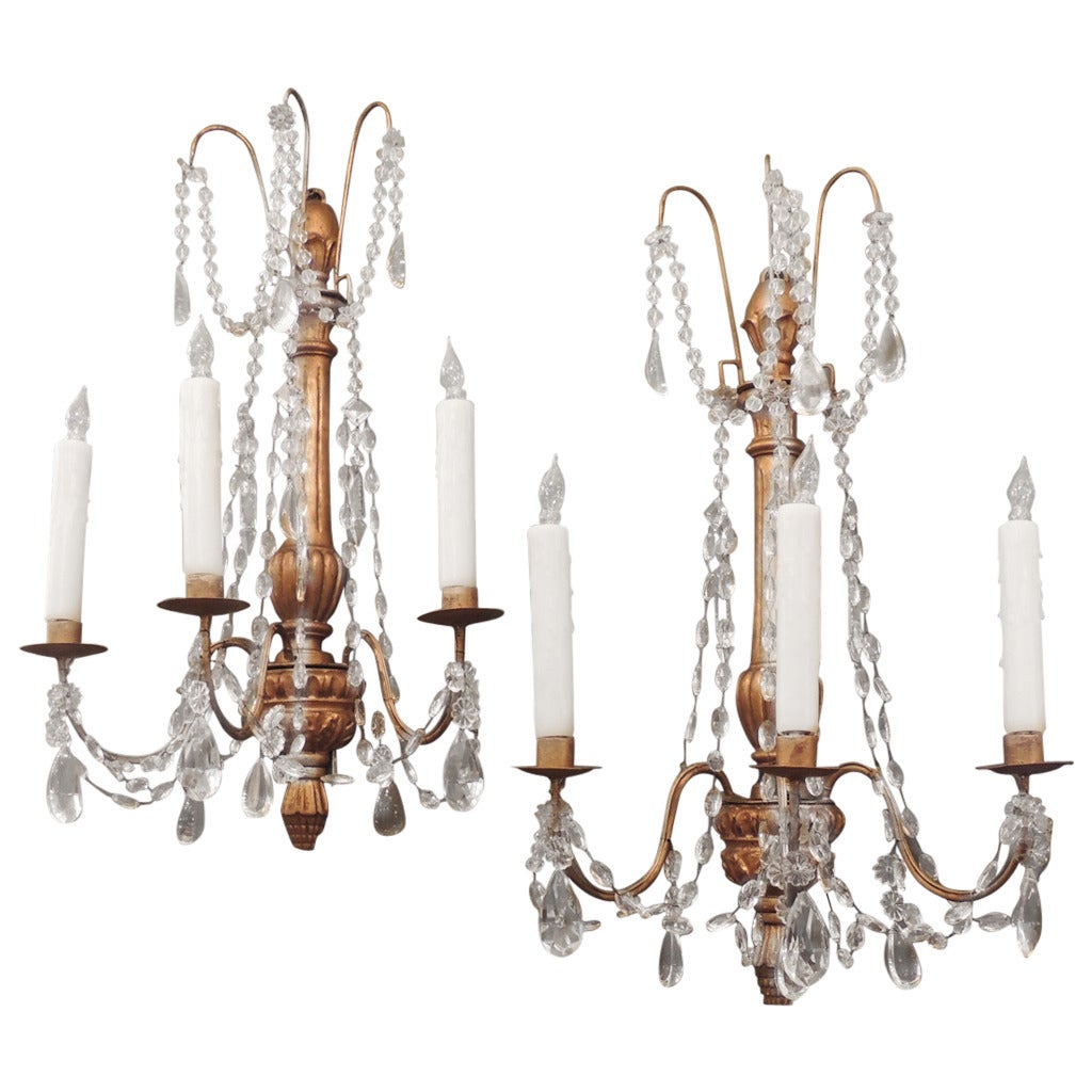 Pair of Early 19th C Genoese Crystal and Wood Gilt Sconces