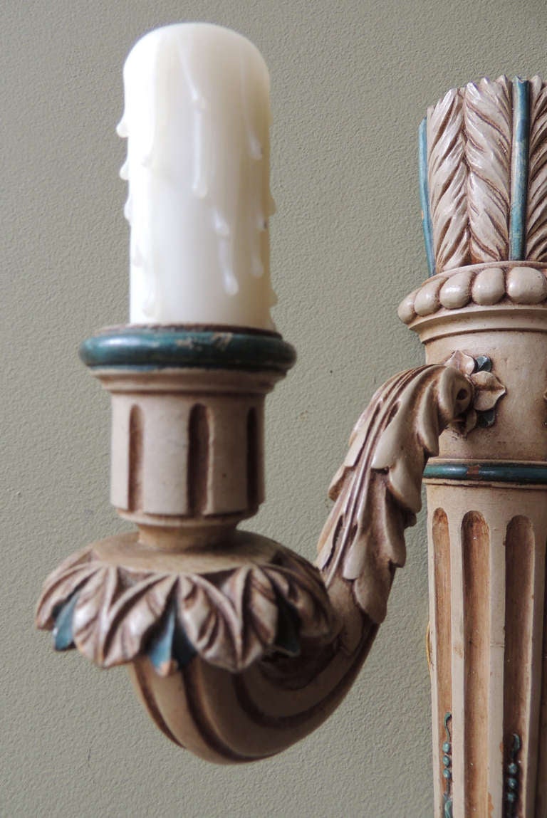 Paint Early 20th C French Louis XIV Wooden Ivory and Green Quiver Shaped Sconces 