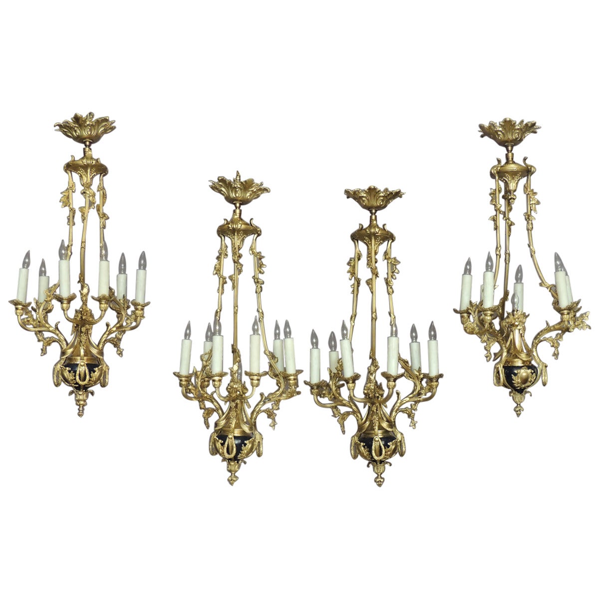 Four Early 20th C French Louis XIV Bronze and Cobalt Chandeliers