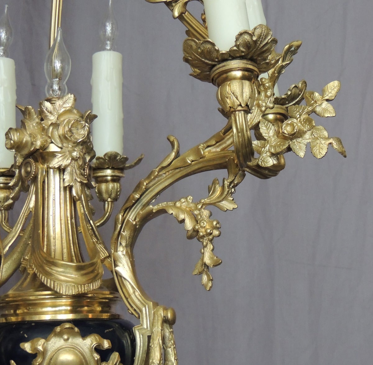 Four Early 20th C French Louis XIV Bronze and Cobalt Chandeliers In Excellent Condition In Charleston, SC