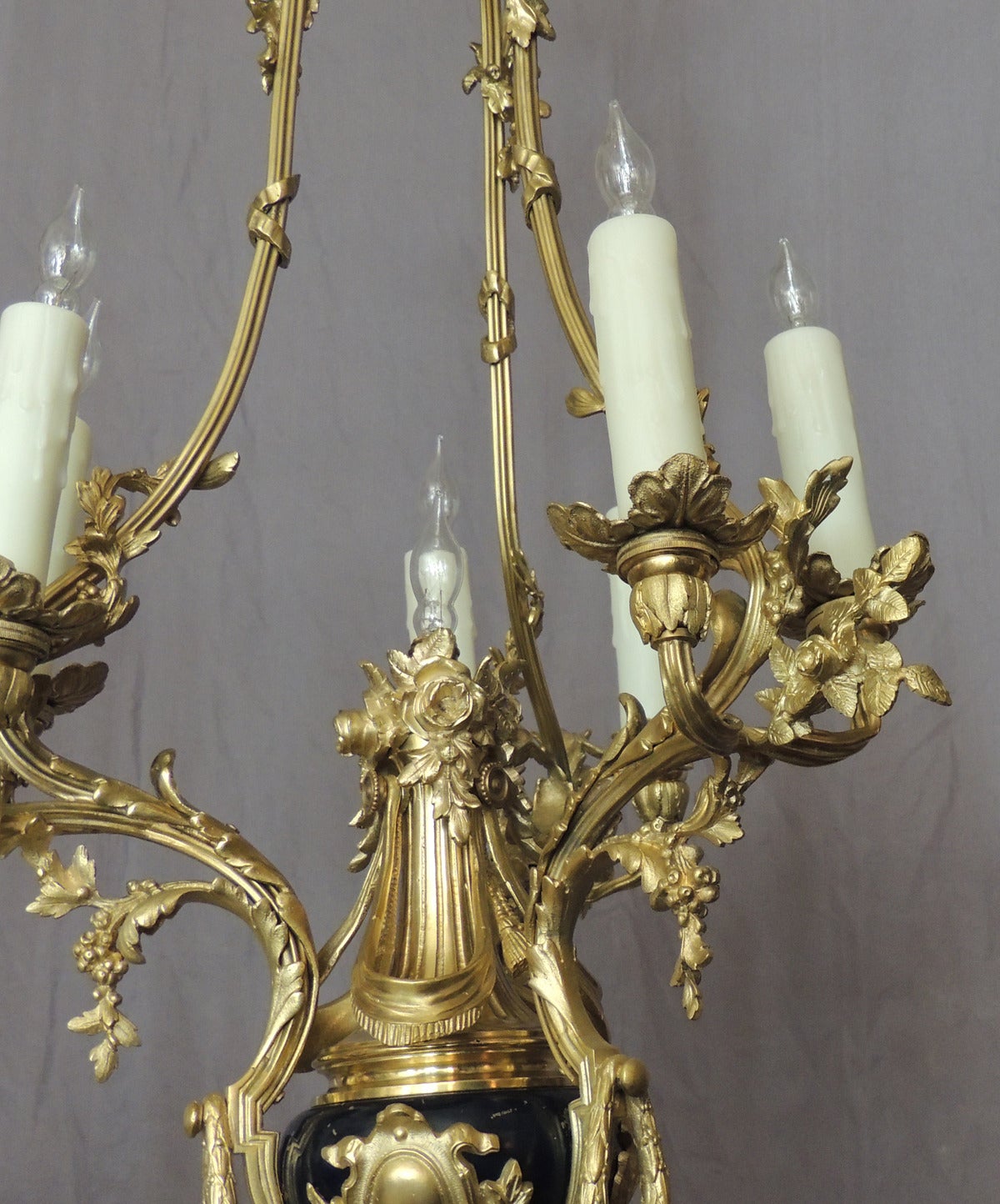 Gold Plate Four Early 20th C French Louis XIV Bronze and Cobalt Chandeliers