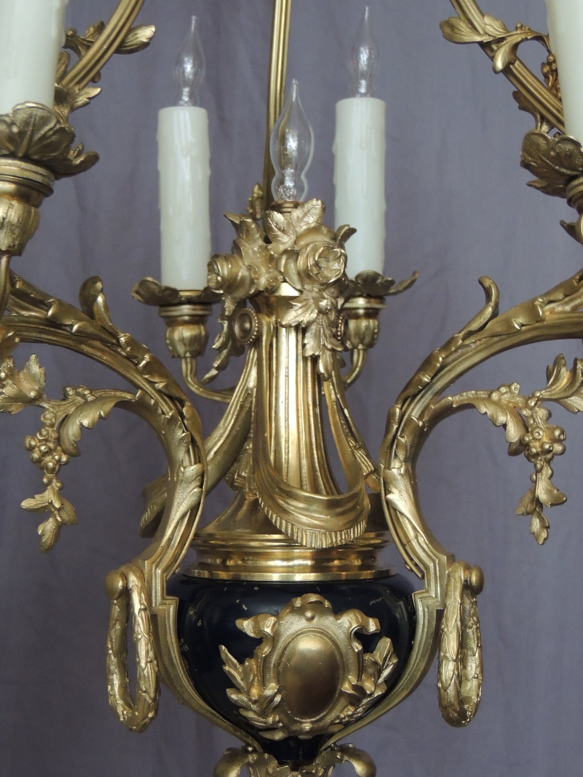 Four Early 20th C French Louis XIV Bronze and Cobalt Chandeliers 1
