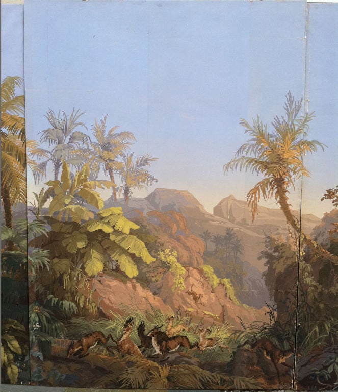A beautiful set of three wallpaper panels of a lush tropical scene including birds, deer, gazelles and tropical plants. At this time, Algeria was the central focus for an Orientalism of uncertain geographical contours which explains the presence of