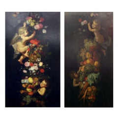 Large 19th C Pair of Two Still Life Paintings with Putti