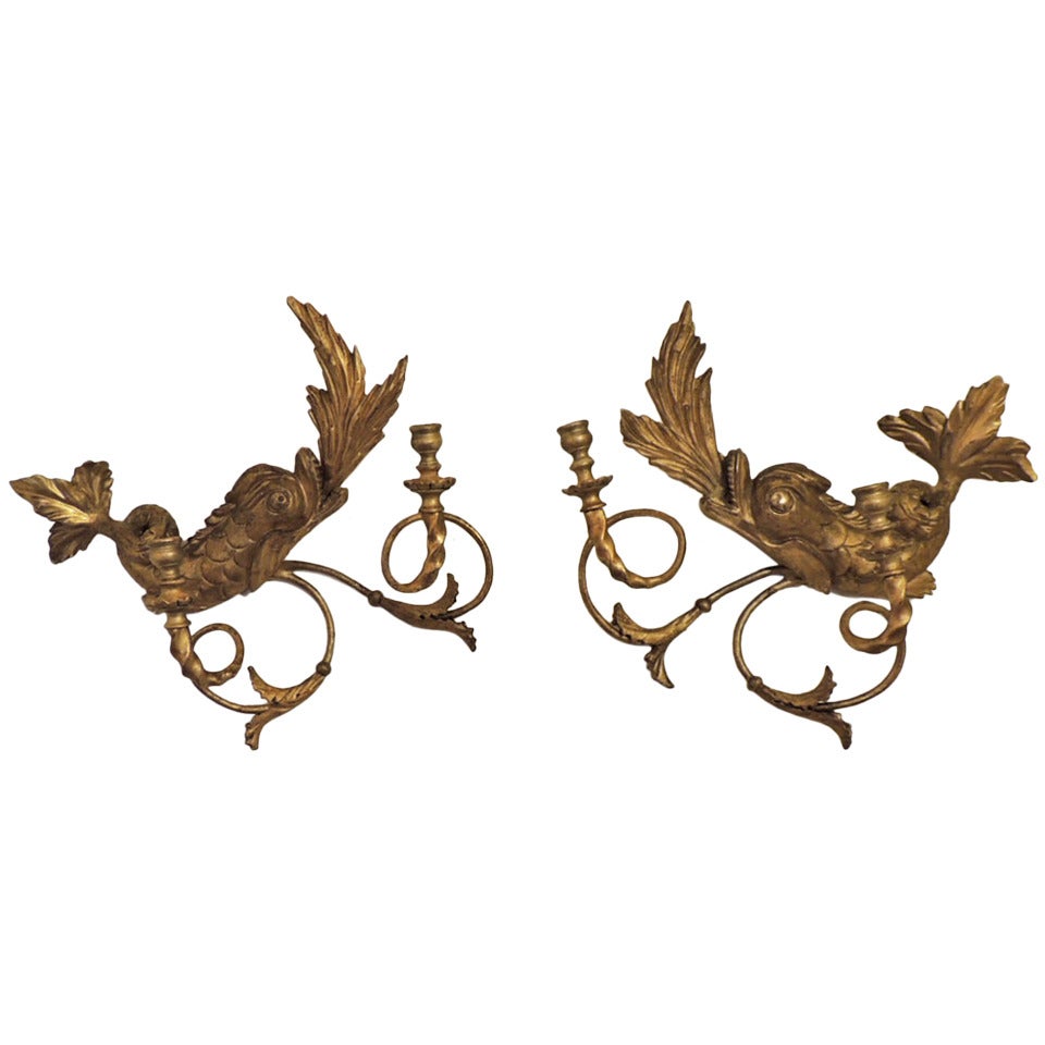 Early 19th C American Dolphin Giltwood Sconces For Sale