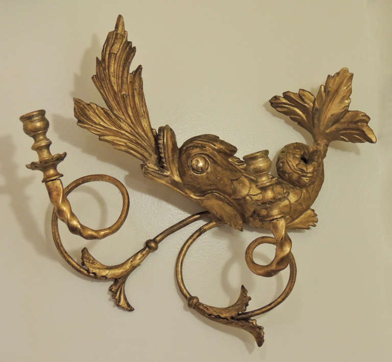 Federal Early 19th C American Dolphin Giltwood Sconces For Sale