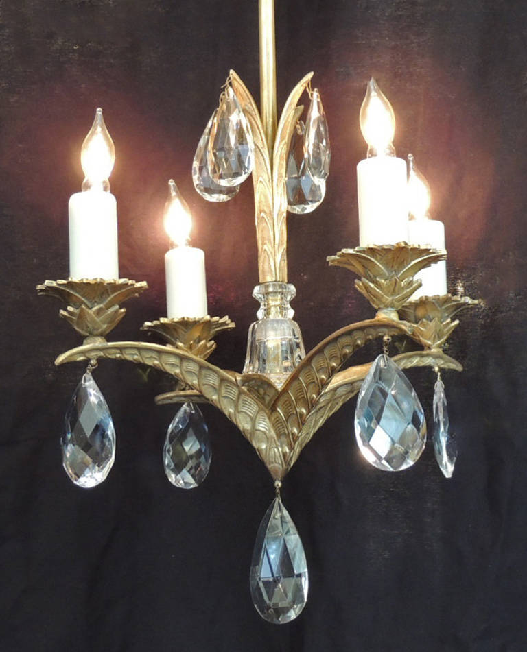 Early 20th C French Art Deco Bronze and Crystal Chandelier In Excellent Condition In Charleston, SC