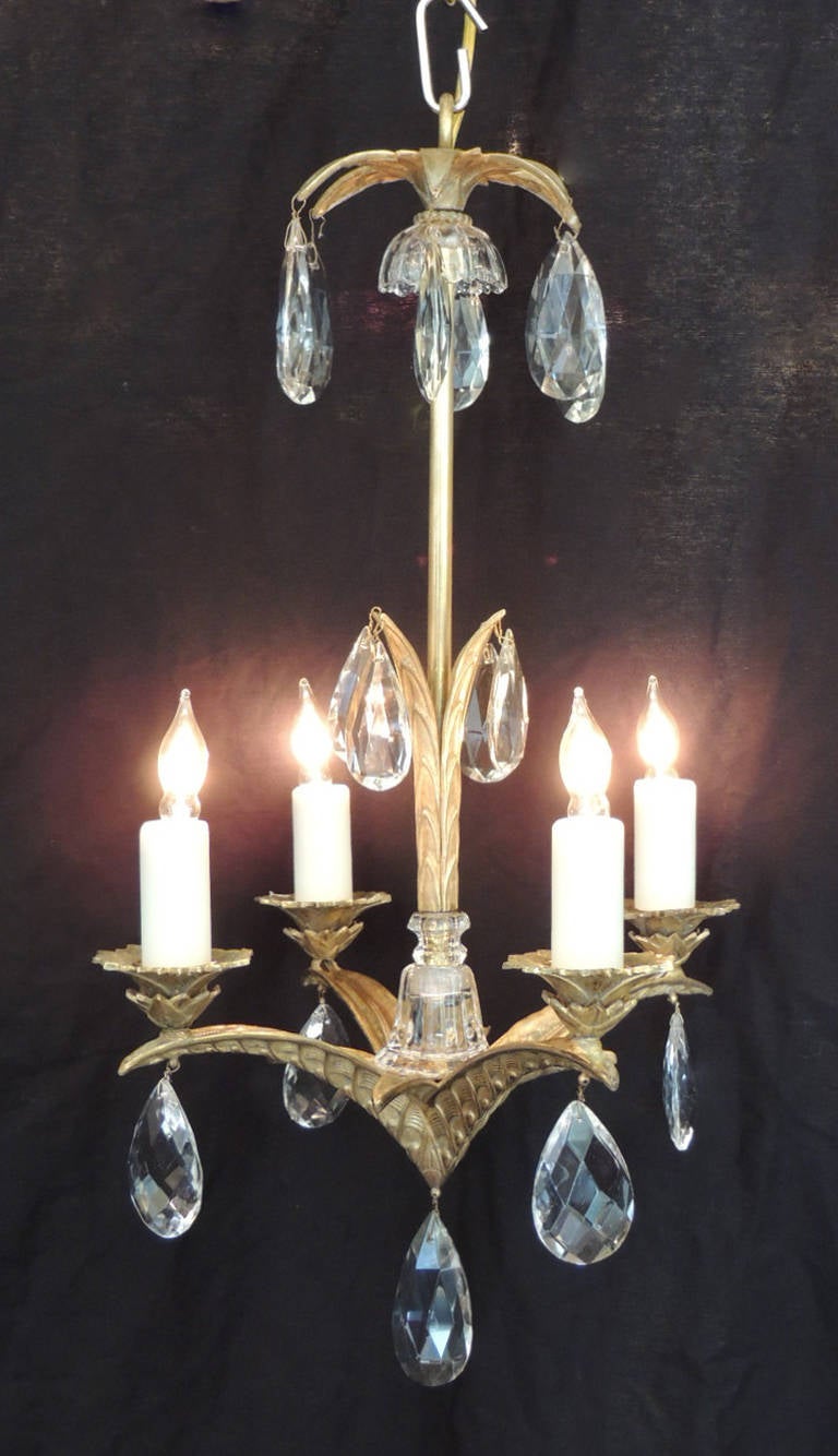 Early 20th C French Art Deco Bronze and Crystal Chandelier 1
