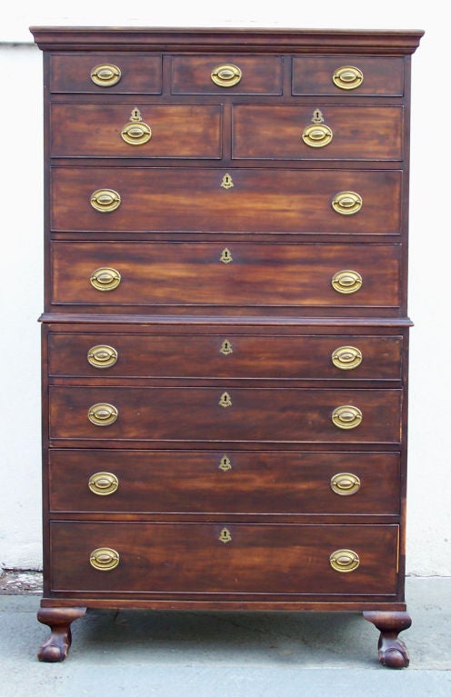 American chest on chest probably New York. This seven over four graduated chest on chest is a beautiful period piece. Nicely proportioned to fit any room. Subtle Chippendale ball and claw feet add to the elegance of this stately piece.