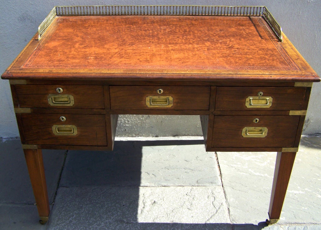 19th Century Early 19th C Irish Campaign Desk with Leather Top and Brass Gallery