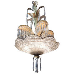 Early 20th Century Bronze and Crystal Palm Chandelier Att. to Maison Bagues