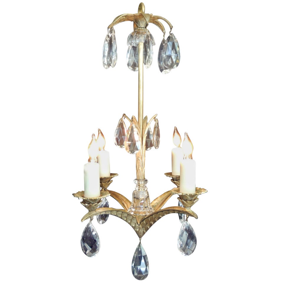 Early 20th C French Art Deco Bronze and Crystal Chandelier