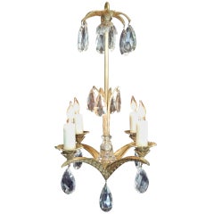 Antique Early 20th C French Art Deco Bronze and Crystal Chandelier