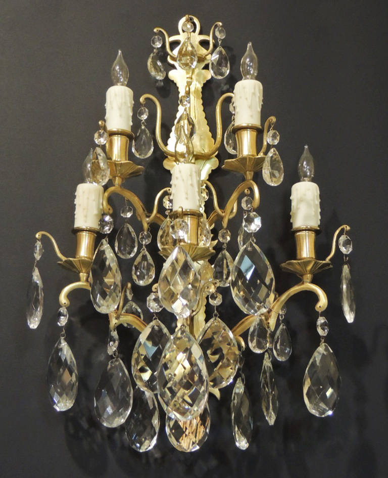 Baroque Revival Pair of 19th C Baccarat-Quality French Crystal Sconces