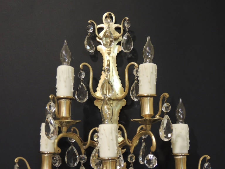 Bronze Pair of 19th C Baccarat-Quality French Crystal Sconces