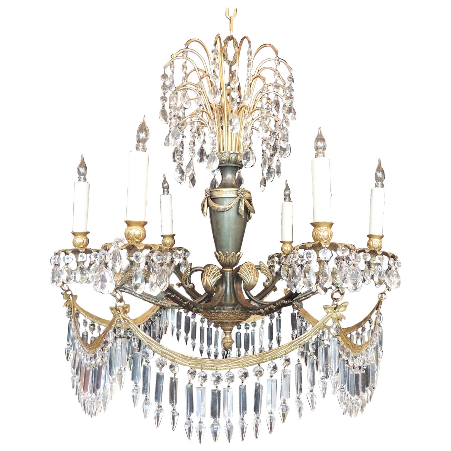 Early 20th C Italian Crystal and Bronze Chandelier