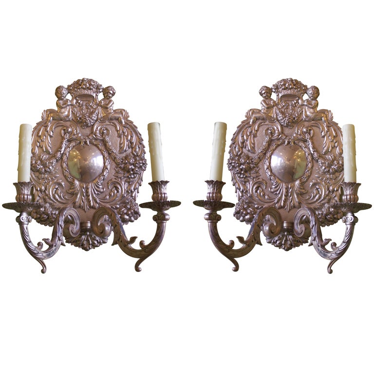Four 19th C American Baroque-Style Silver Plate Repousse Sconces For Sale