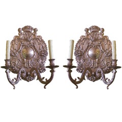 Four 19th C American Baroque-Style Silver Plate Repousse Sconces