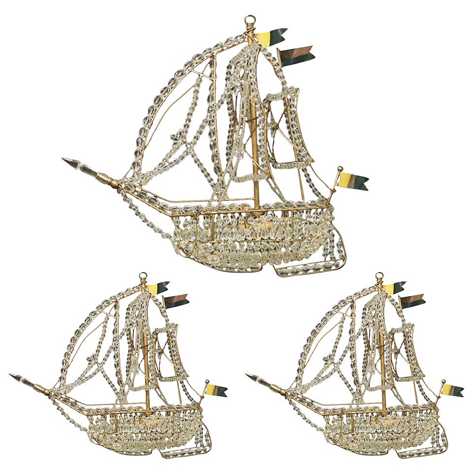 Set of Three Mid-20th Century Venetian, Crystal Ship Chandeliers
