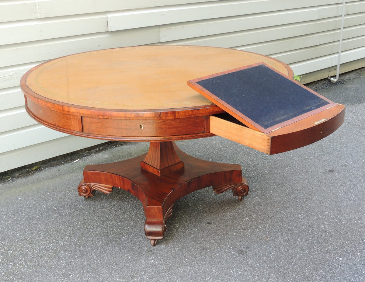 Leather Early 19th C English Regency Library Table with Writing Slide
