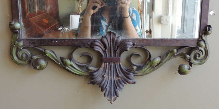 20th C French Iron and Bronze with Polychrome Paint Mirror In Excellent Condition In Charleston, SC