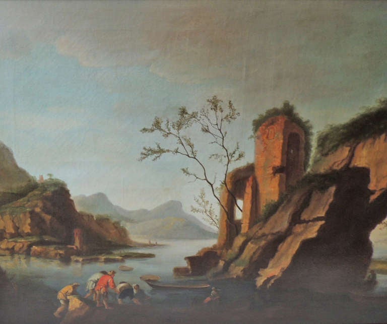Paint Late 18th C Oil on Canvas Italian Coastal Scene