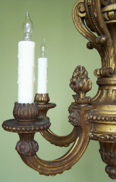 20th Century Early 20th C Italian Giltwood Chandelier with Flames and Plume For Sale