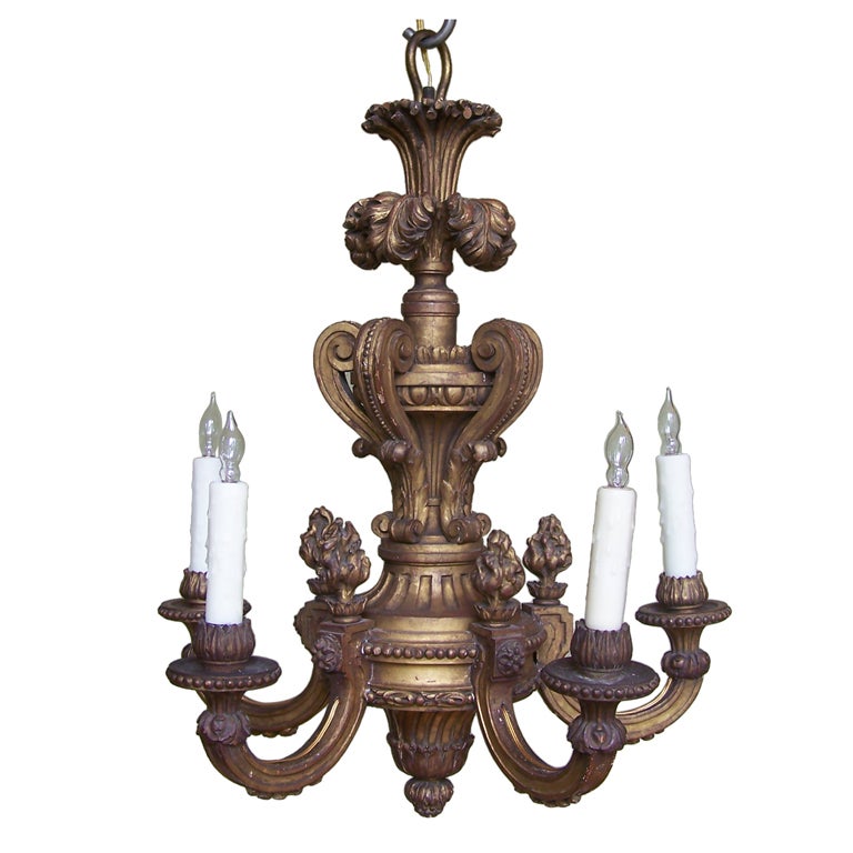 Early 20th C Italian Giltwood Chandelier with Flames and Plume For Sale
