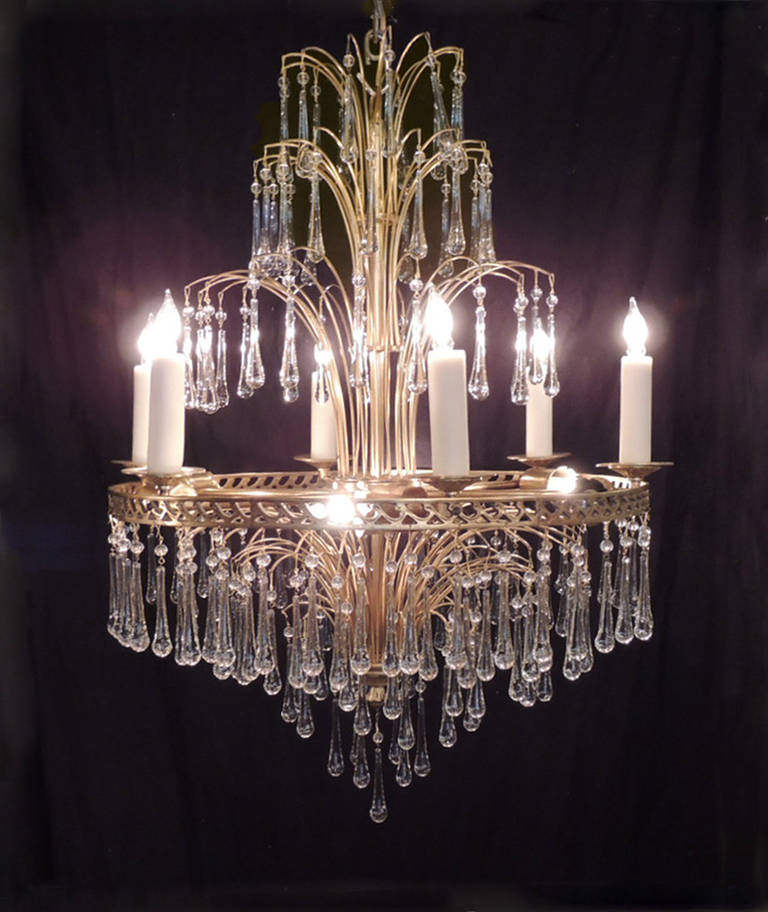 Mid 20th C Swedish Crystal and Brass Chandelier In Excellent Condition In Charleston, SC