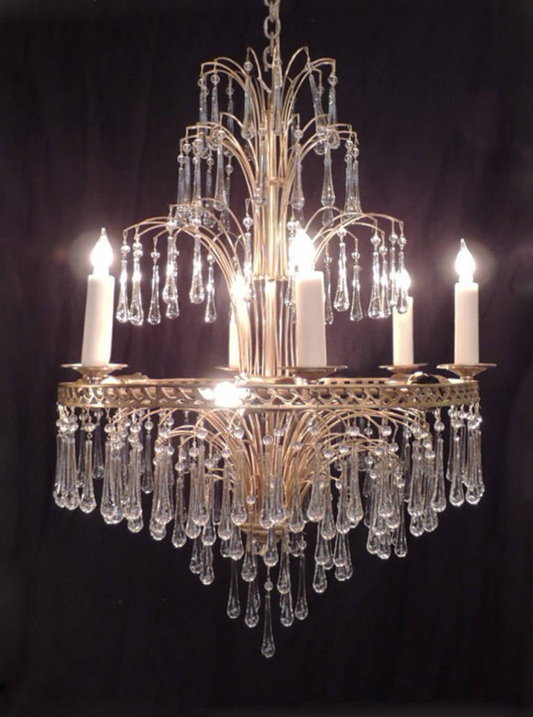 Mid 20th C Swedish Crystal and Brass Chandelier 1