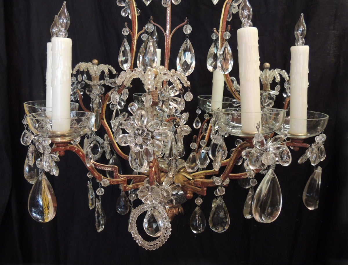 Early 20th C French Iron, Tole, and Crystal Chandelier, attributed to Bagues For Sale 5