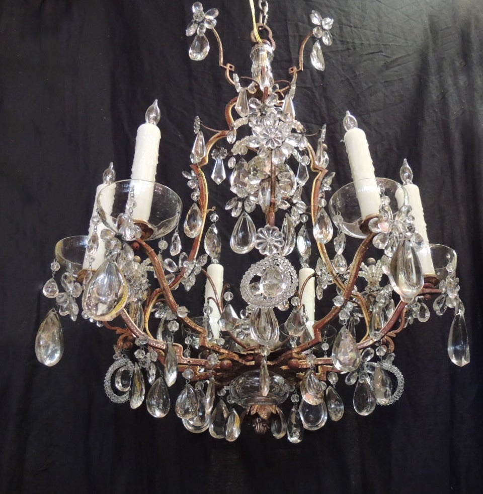 Early 20th C French Iron, Tole, and Crystal Chandelier, attributed to Bagues For Sale 1