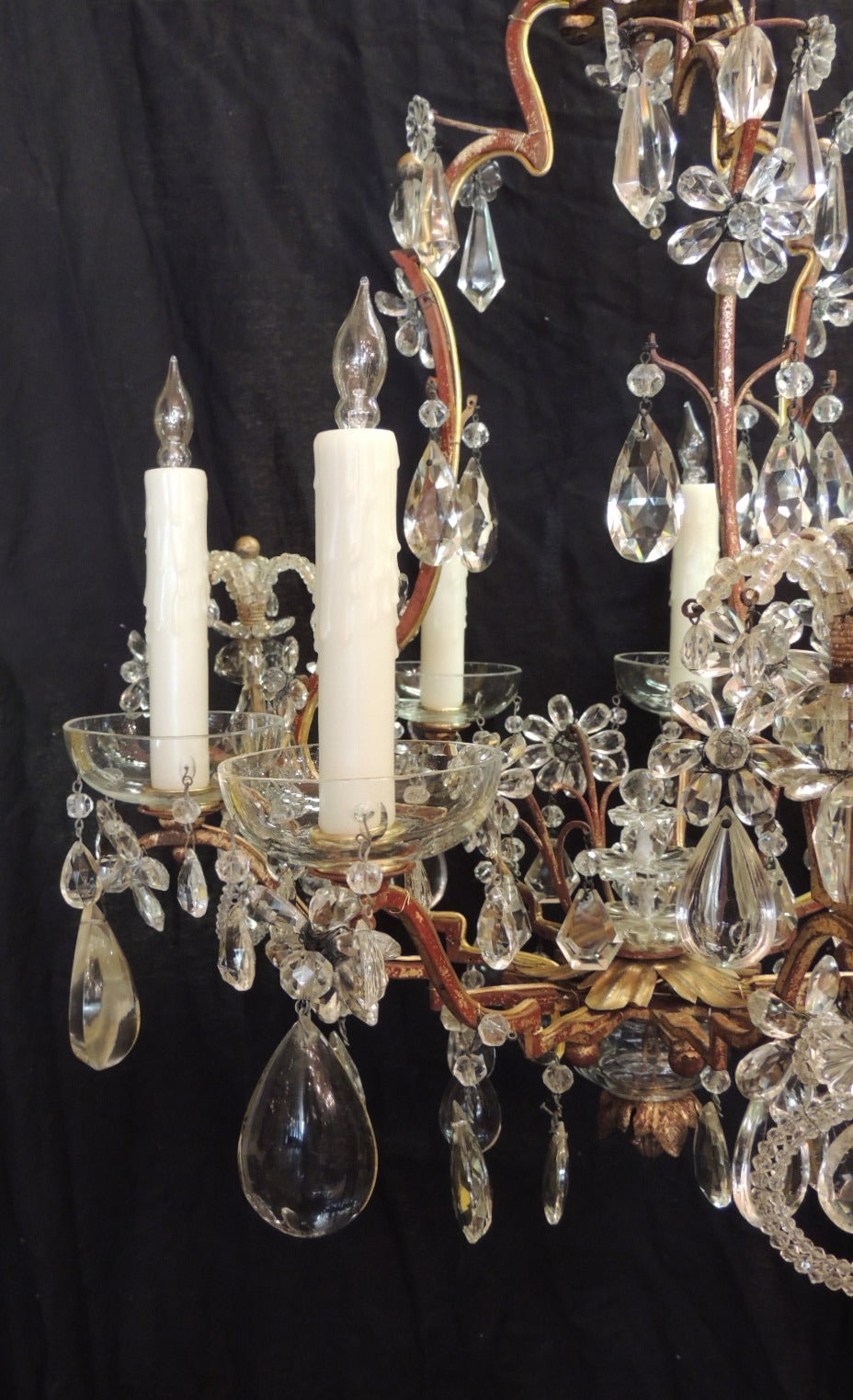 Early 20th C French Iron, Tole, and Crystal Chandelier, attributed to Bagues For Sale 3