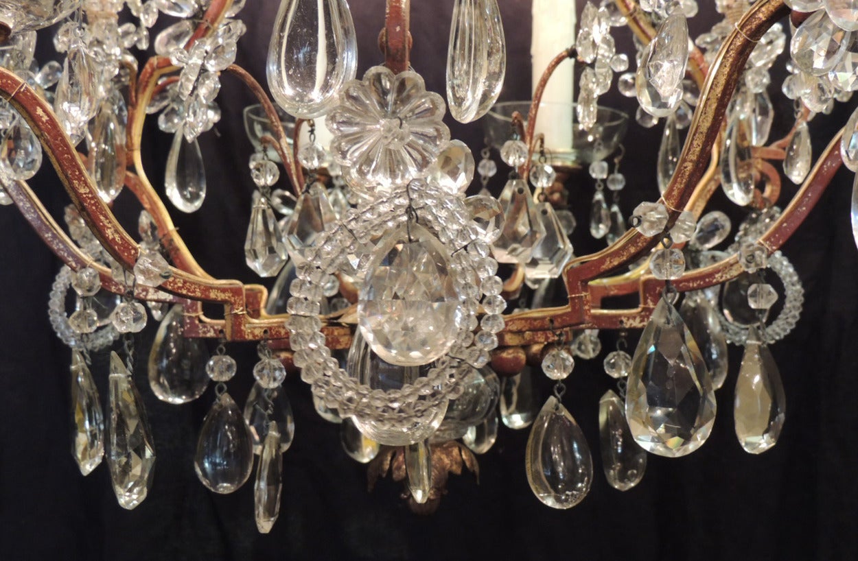 Early 20th C French Iron, Tole, and Crystal Chandelier, attributed to Bagues For Sale 4
