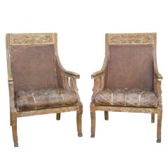 Pair of Carved French Empire Style Double Cane Armchairs