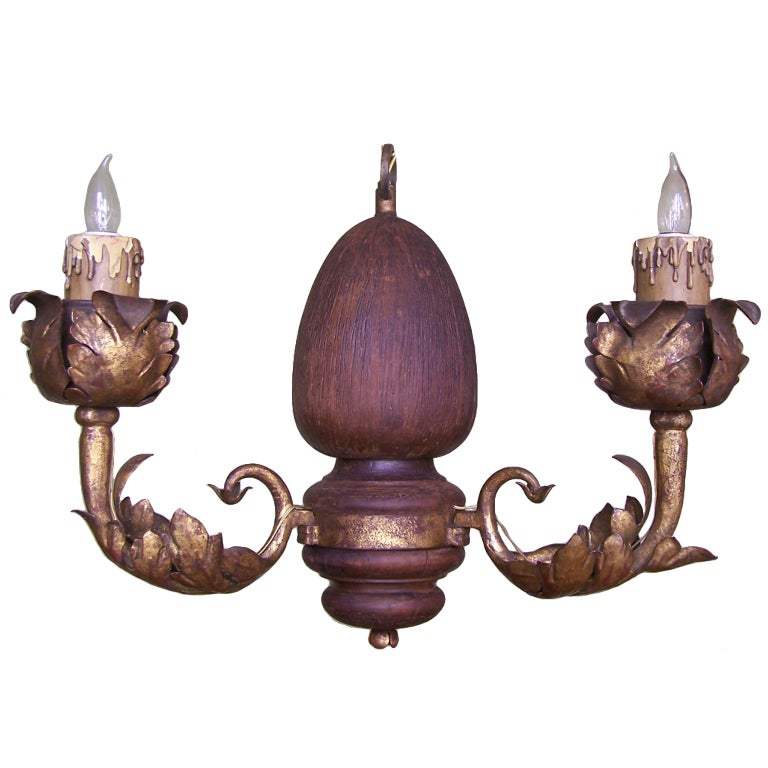 Early 20th C Italian Carved Wood and Foliate Gilt Tole Arm Chandelier