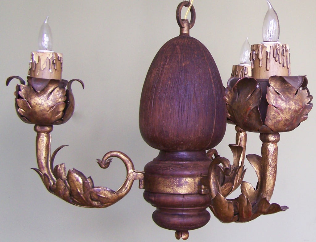 Early 20th C Italian Carved Wood and Foliate Gilt Tole Arm Chandelier In Excellent Condition In Charleston, SC