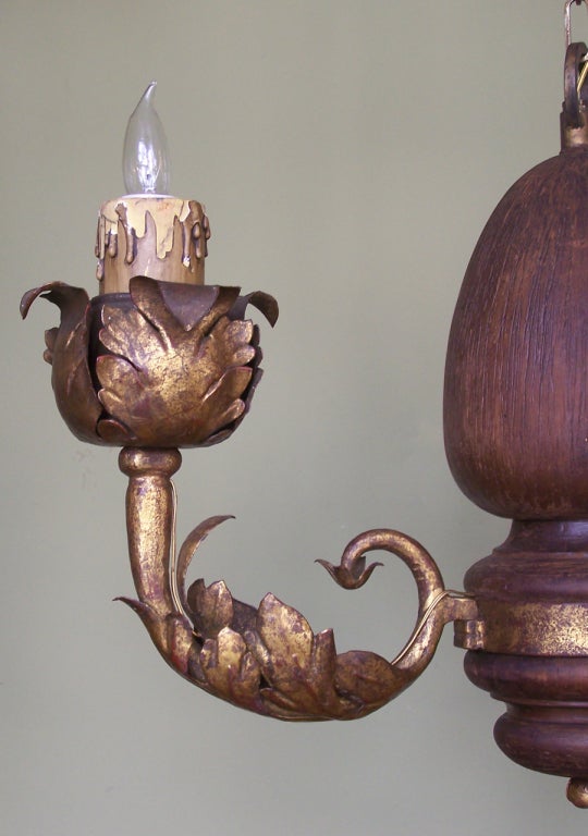 20th Century Early 20th C Italian Carved Wood and Foliate Gilt Tole Arm Chandelier