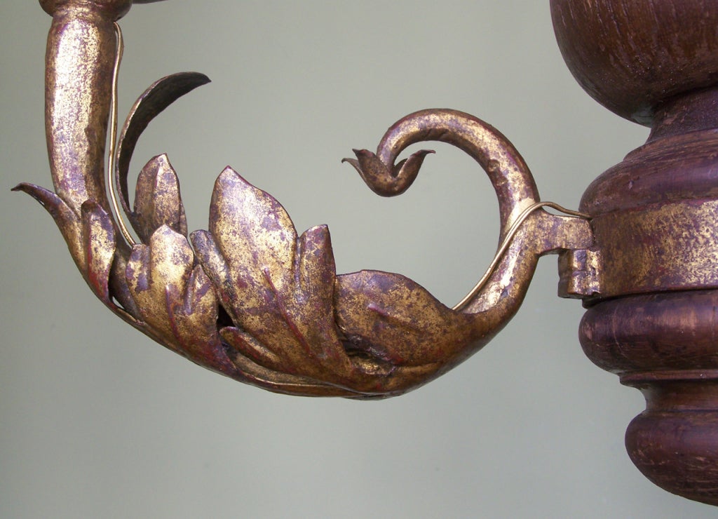 Tin Early 20th C Italian Carved Wood and Foliate Gilt Tole Arm Chandelier