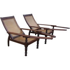 True Pair of Early 19th C West Indies Mahogany and Cane Planter's Chairs