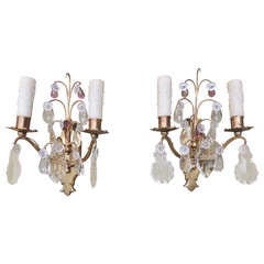 Pair of Italian Art Nouveau Crystal and Brass Sconces
