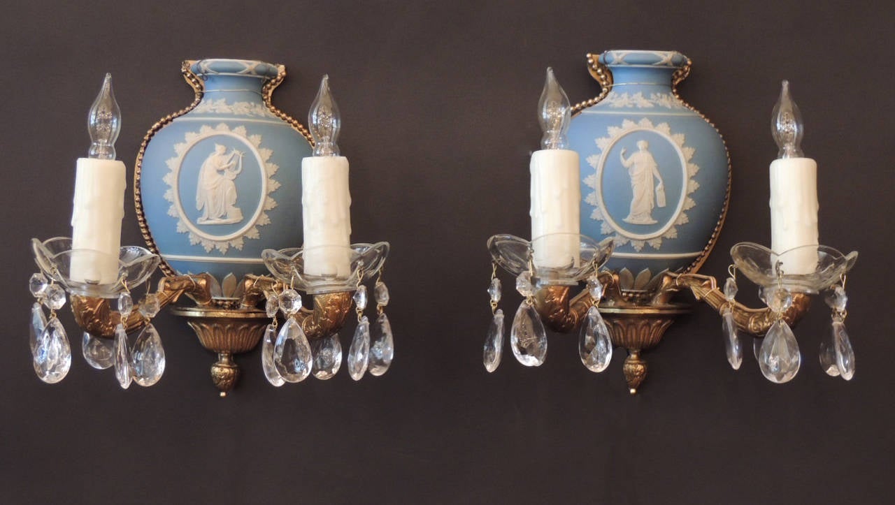 Early 20th C English Wedgwood and Bronze Sconces In Excellent Condition In Charleston, SC
